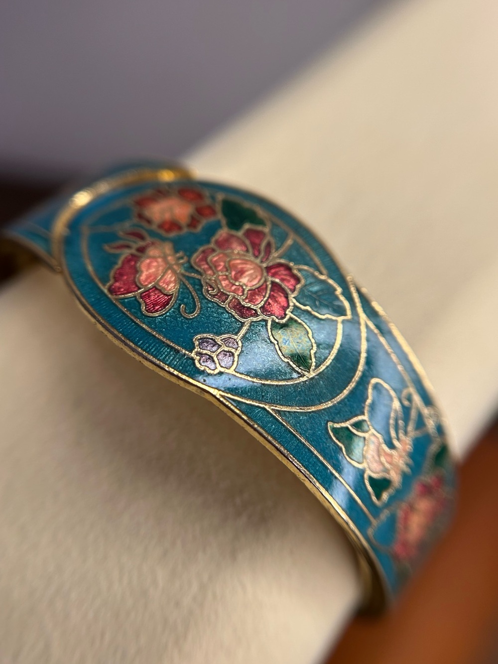 Cloisonné Enamel Hinged Bracelet Rose Butterfly Teal Floral Bangle